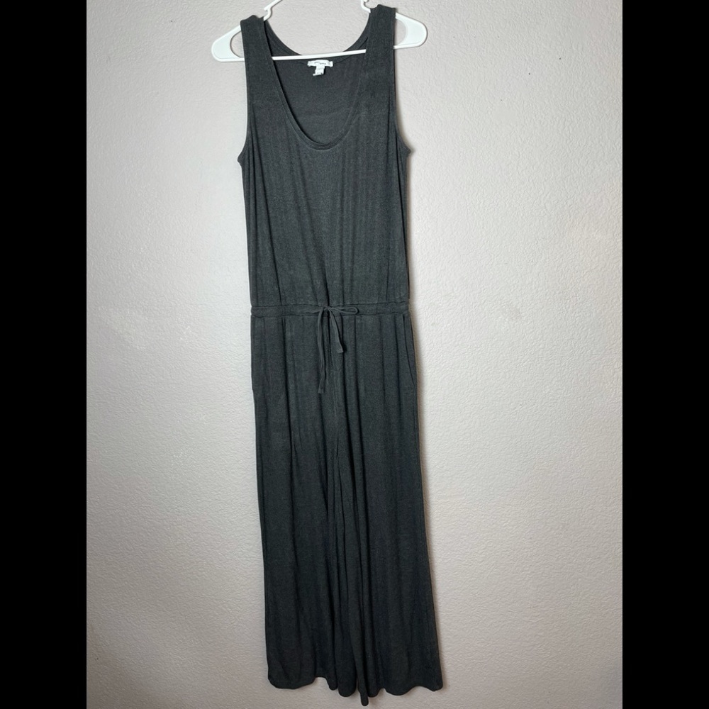 Daily Ritual Stretch Ribbed Drawstring Cropped washed out Gray Jumpsuit - Picture 2 of 8